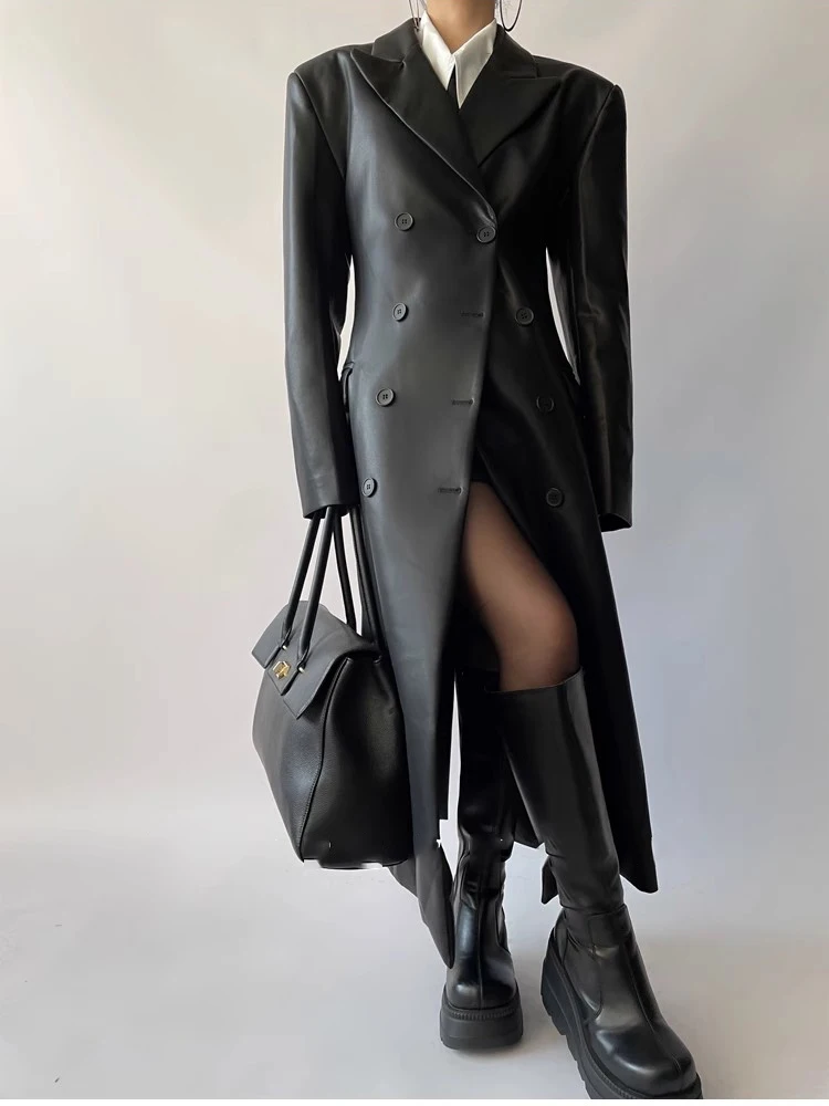 Mauroicardi Autumn Long Black Fitted Soft Pu Leather Trench Coat for Women Shoulder Pads Double Breasted Luxury European Clothes