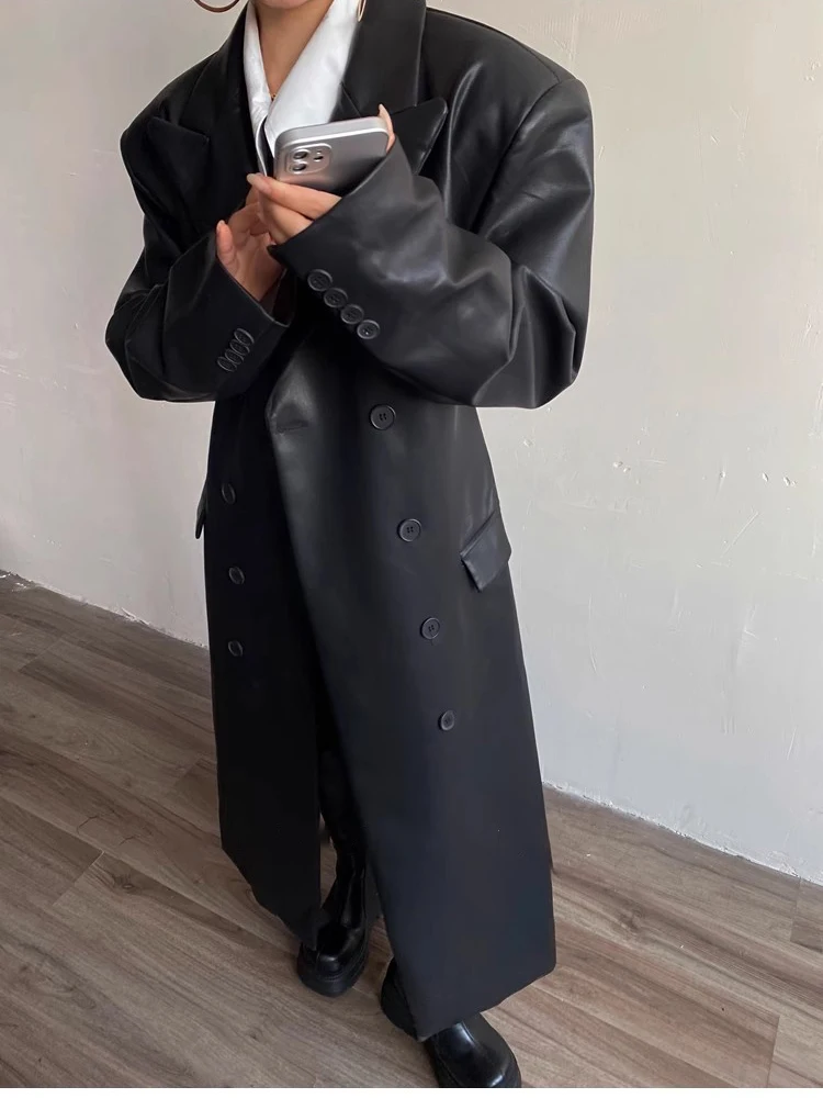 Mauroicardi Autumn Long Black Fitted Soft Pu Leather Trench Coat for Women Shoulder Pads Double Breasted Luxury European Clothes