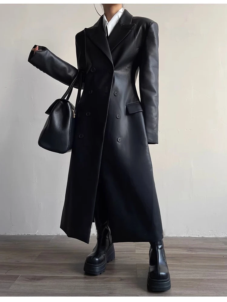 Mauroicardi Autumn Long Black Fitted Soft Pu Leather Trench Coat for Women Shoulder Pads Double Breasted Luxury European Clothes