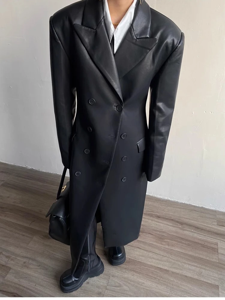 Mauroicardi Autumn Long Black Fitted Soft Pu Leather Trench Coat for Women Shoulder Pads Double Breasted Luxury European Clothes