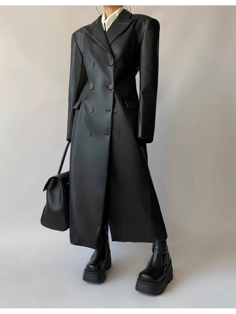 Mauroicardi Autumn Long Black Fitted Soft Pu Leather Trench Coat for Women Shoulder Pads Double Breasted Luxury European Clothes