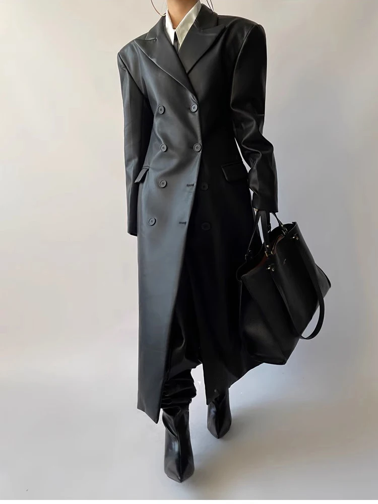 Mauroicardi Autumn Long Black Fitted Soft Pu Leather Trench Coat for Women Shoulder Pads Double Breasted Luxury European Clothes