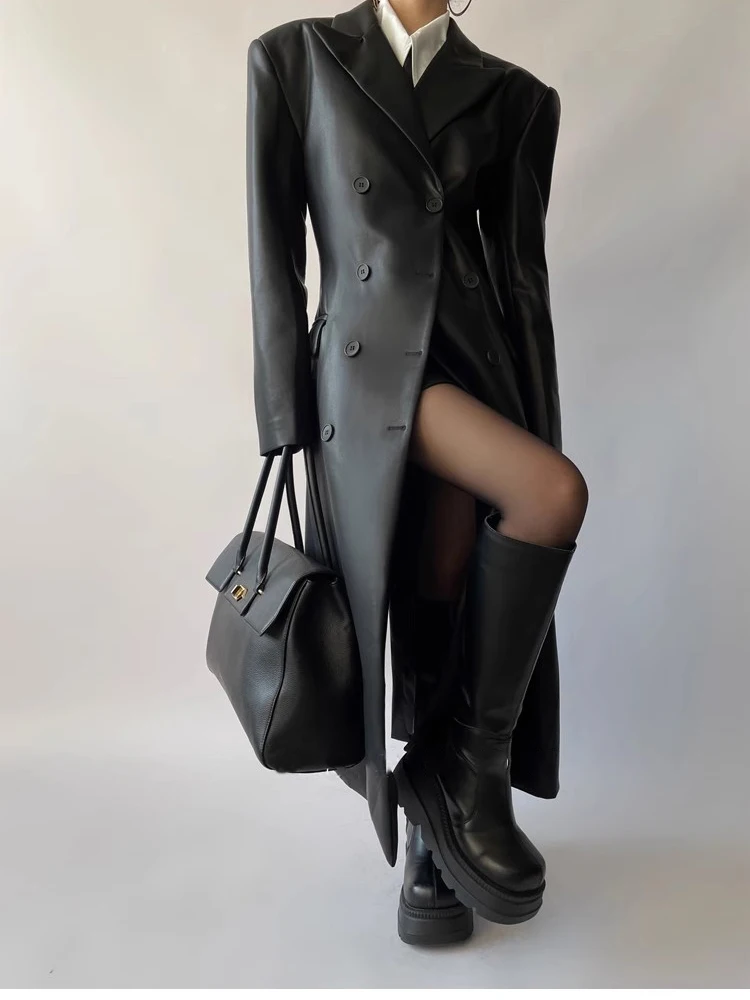 Mauroicardi Autumn Long Black Fitted Soft Pu Leather Trench Coat for Women Shoulder Pads Double Breasted Luxury European Clothes