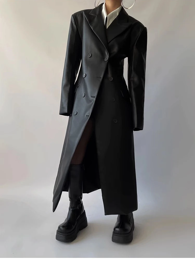 Mauroicardi Autumn Long Black Fitted Soft Pu Leather Trench Coat for Women Shoulder Pads Double Breasted Luxury European Clothes