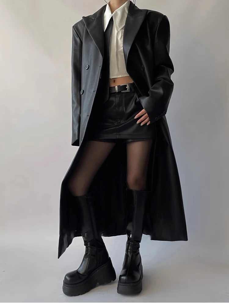 Mauroicardi Autumn Long Black Fitted Soft Pu Leather Trench Coat for Women Shoulder Pads Double Breasted Luxury European Clothes