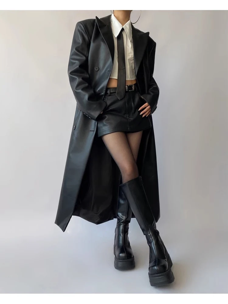 Mauroicardi Autumn Long Black Fitted Soft Pu Leather Trench Coat for Women Shoulder Pads Double Breasted Luxury European Clothes