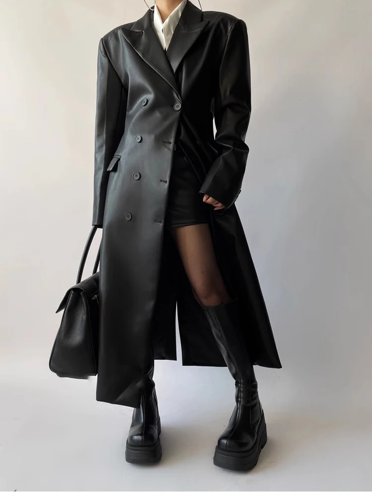 Mauroicardi Autumn Long Black Fitted Soft Pu Leather Trench Coat for Women Shoulder Pads Double Breasted Luxury European Clothes