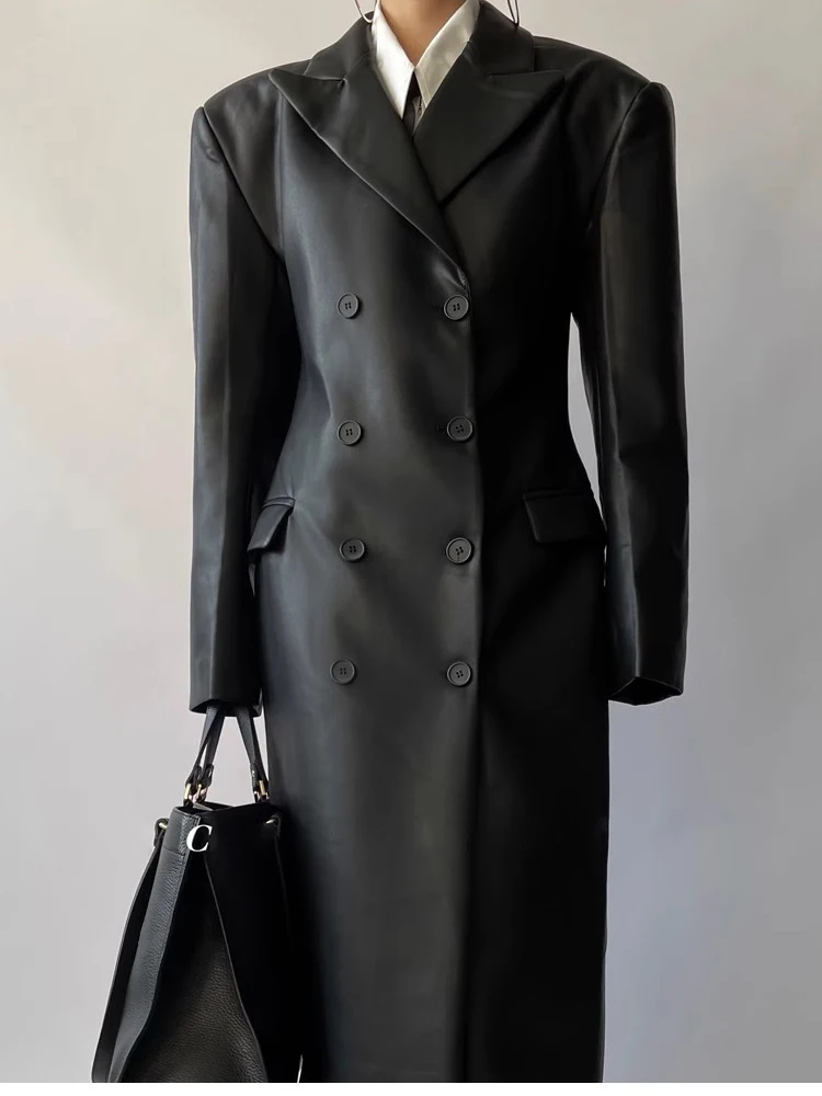 Mauroicardi Autumn Long Black Fitted Soft Pu Leather Trench Coat for Women Shoulder Pads Double Breasted Luxury European Clothes