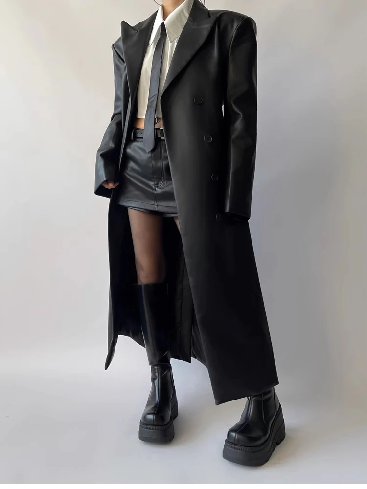 Mauroicardi Autumn Long Black Fitted Soft Pu Leather Trench Coat for Women Shoulder Pads Double Breasted Luxury European Clothes