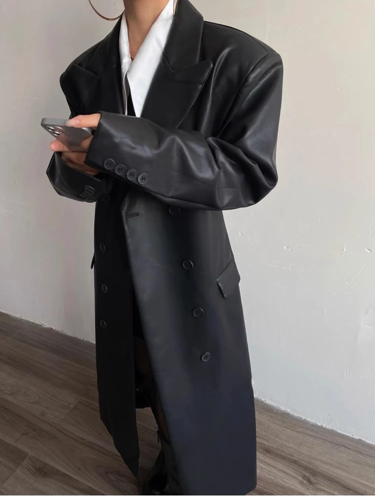 Mauroicardi Autumn Long Black Fitted Soft Pu Leather Trench Coat for Women Shoulder Pads Double Breasted Luxury European Clothes