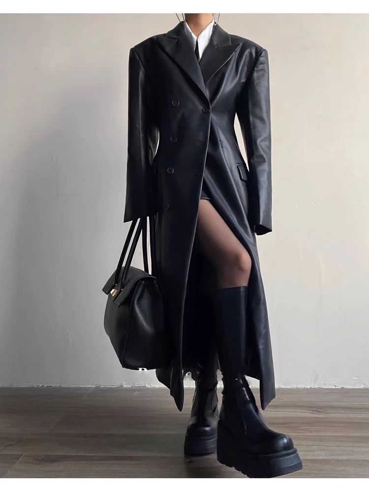 Mauroicardi Autumn Long Black Fitted Soft Pu Leather Trench Coat for Women Shoulder Pads Double Breasted Luxury European Clothes
