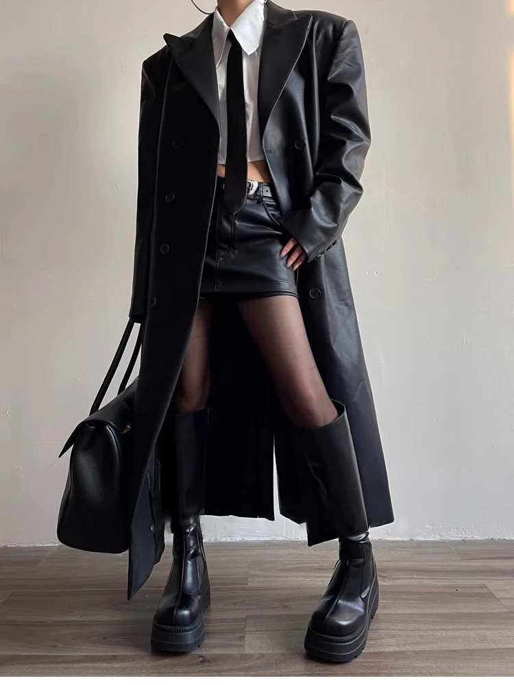 Mauroicardi Autumn Long Black Fitted Soft Pu Leather Trench Coat for Women Shoulder Pads Double Breasted Luxury European Clothes