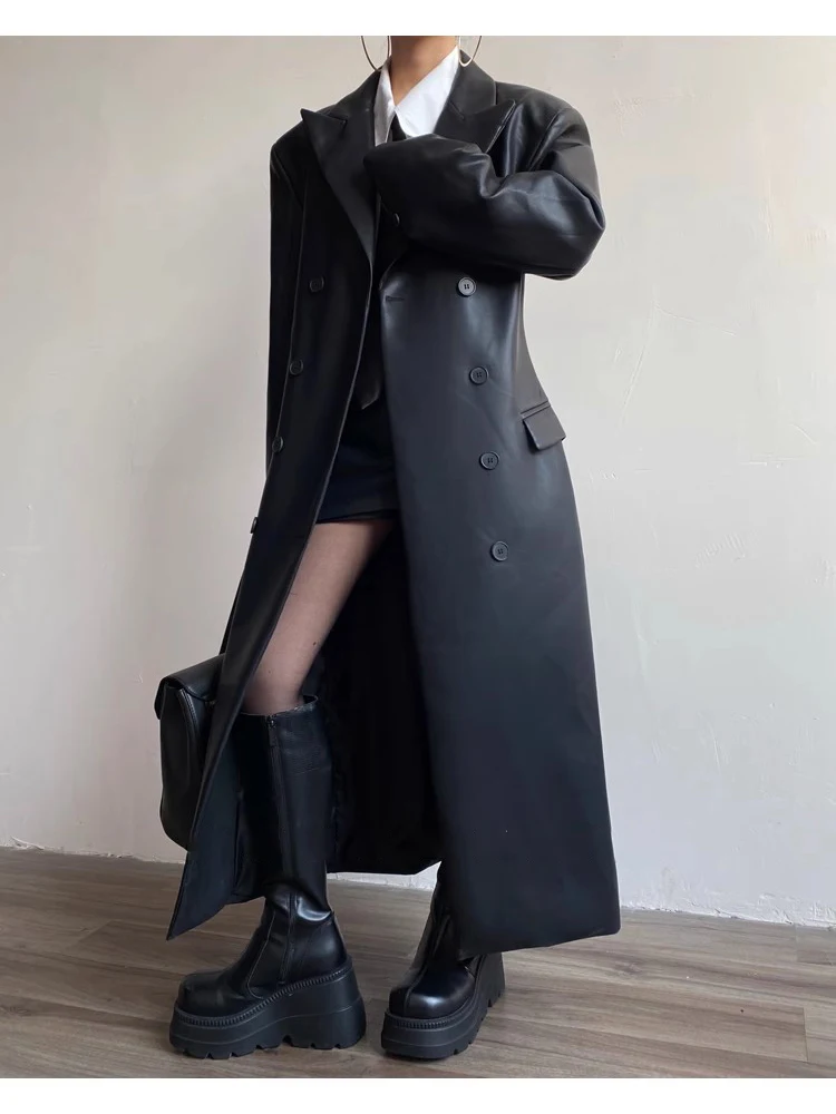 Mauroicardi Autumn Long Black Fitted Soft Pu Leather Trench Coat for Women Shoulder Pads Double Breasted Luxury European Clothes