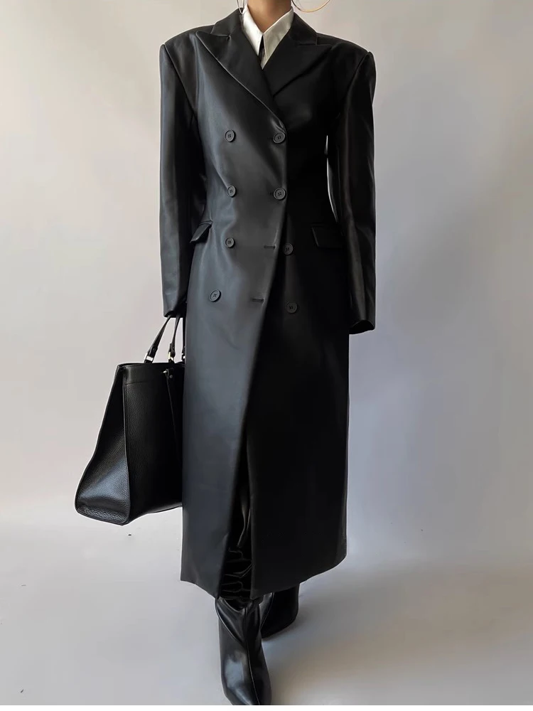 Mauroicardi Autumn Long Black Fitted Soft Pu Leather Trench Coat for Women Shoulder Pads Double Breasted Luxury European Clothes