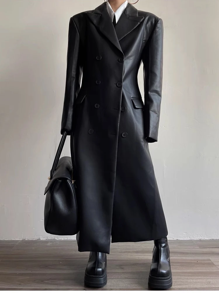 Mauroicardi Autumn Long Black Fitted Soft Pu Leather Trench Coat for Women Shoulder Pads Double Breasted Luxury European Clothes
