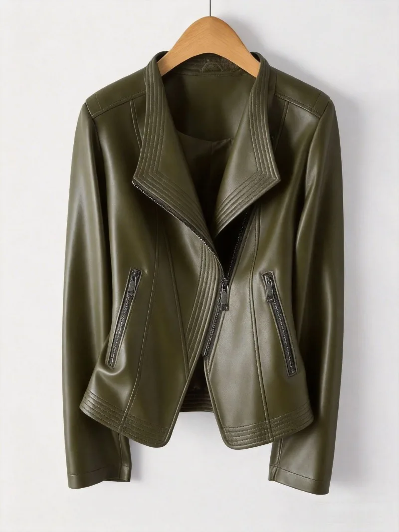 2026 Fashion Spring Autumn Women's PU Leather Jacket Short Coat Zip-up Quilted-lapel Top Belt Slim Jackets Streetwear Outerwear