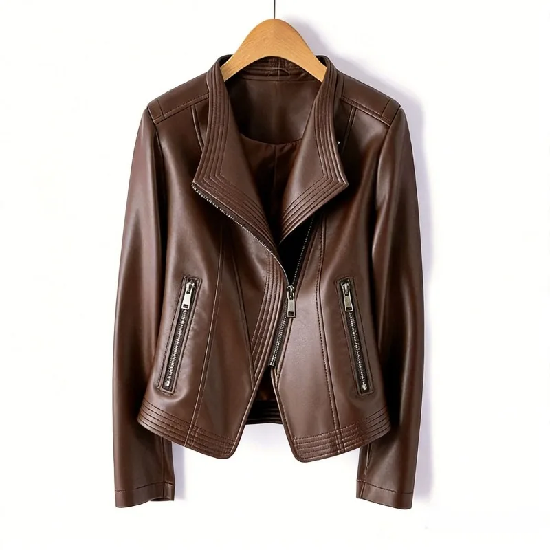2026 Fashion Spring Autumn Women's PU Leather Jacket Short Coat Zip-up Quilted-lapel Top Belt Slim Jackets Streetwear Outerwear