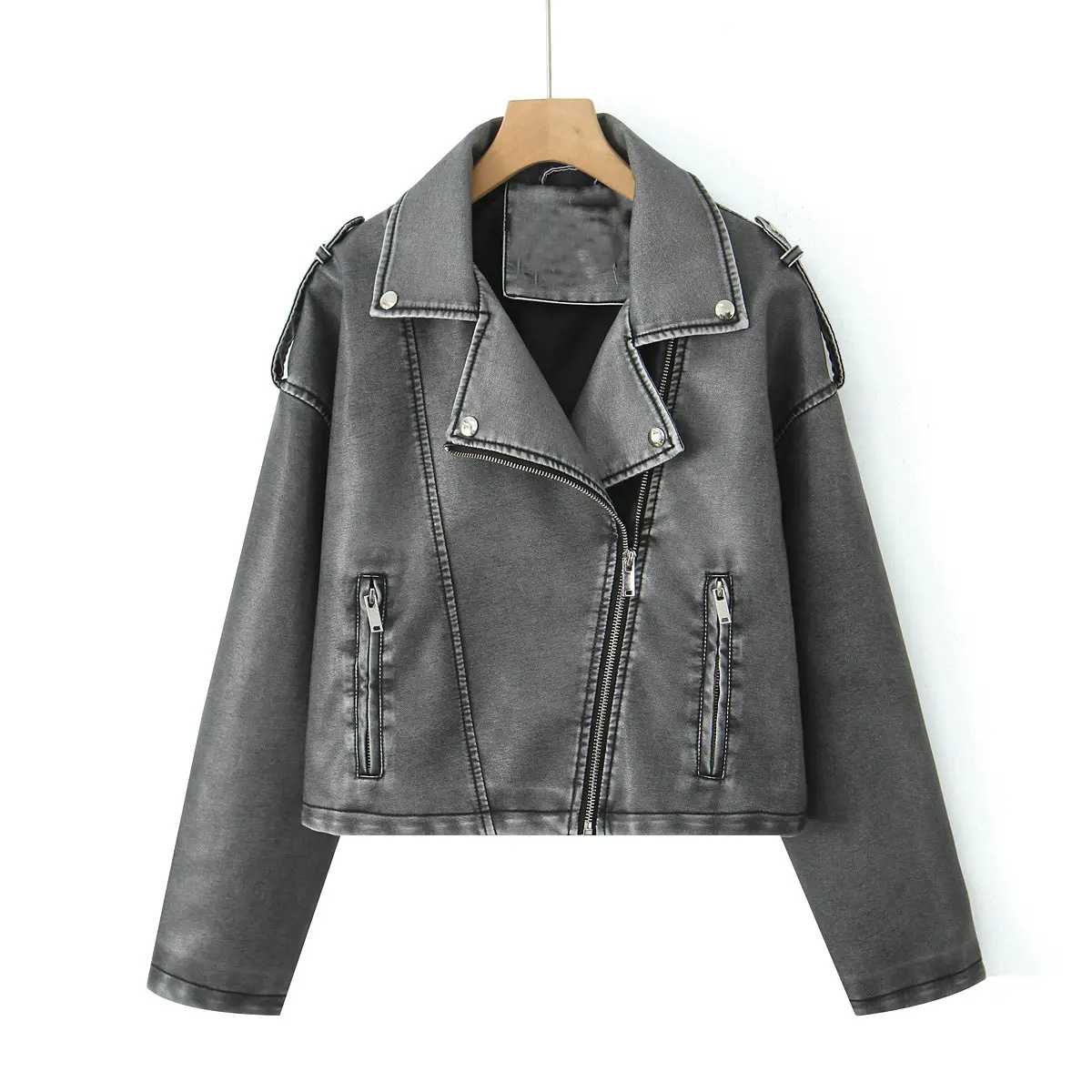 2027 New Fashion Women's Motor Biker Washed Gray Faux Leather Jackets Female Autumn Winter Retro Loose PU Zipper Streetwear Coat