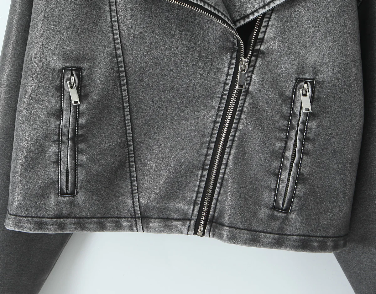 2027 New Fashion Women's Motor Biker Washed Gray Faux Leather Jackets Female Autumn Winter Retro Loose PU Zipper Streetwear Coat