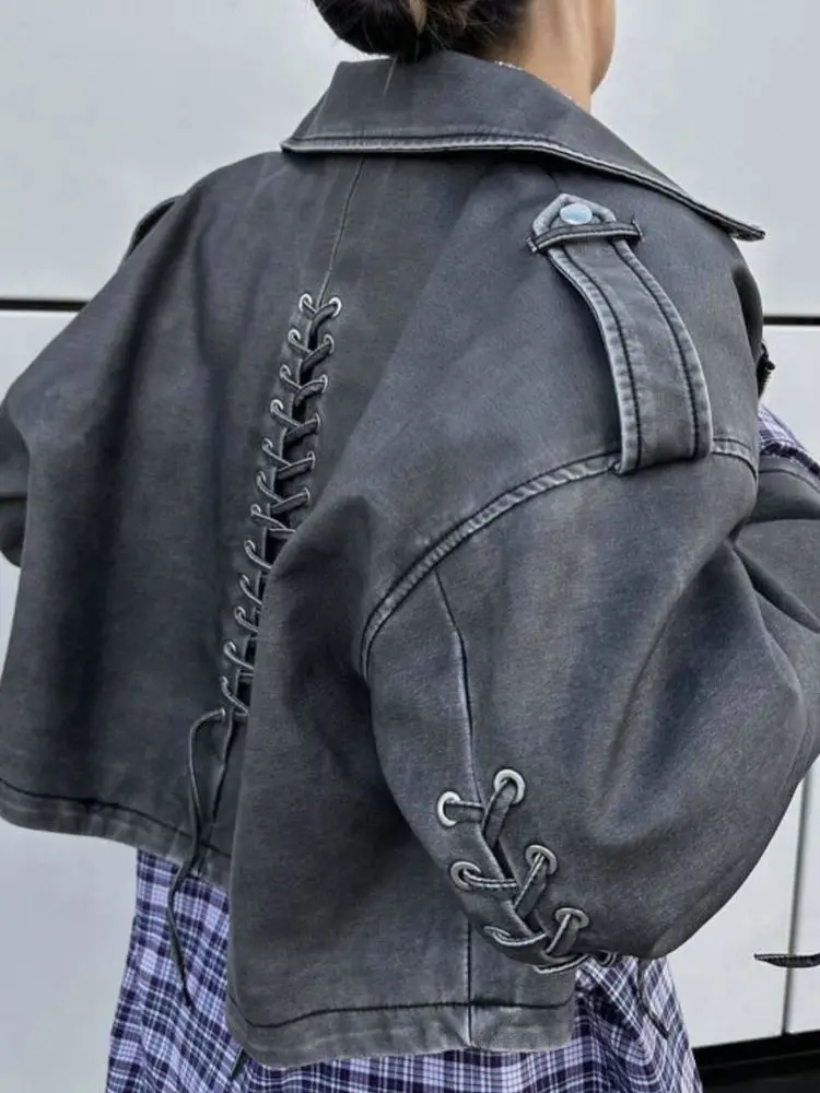 2027 New Fashion Women's Motor Biker Washed Gray Faux Leather Jackets Female Autumn Winter Retro Loose PU Zipper Streetwear Coat