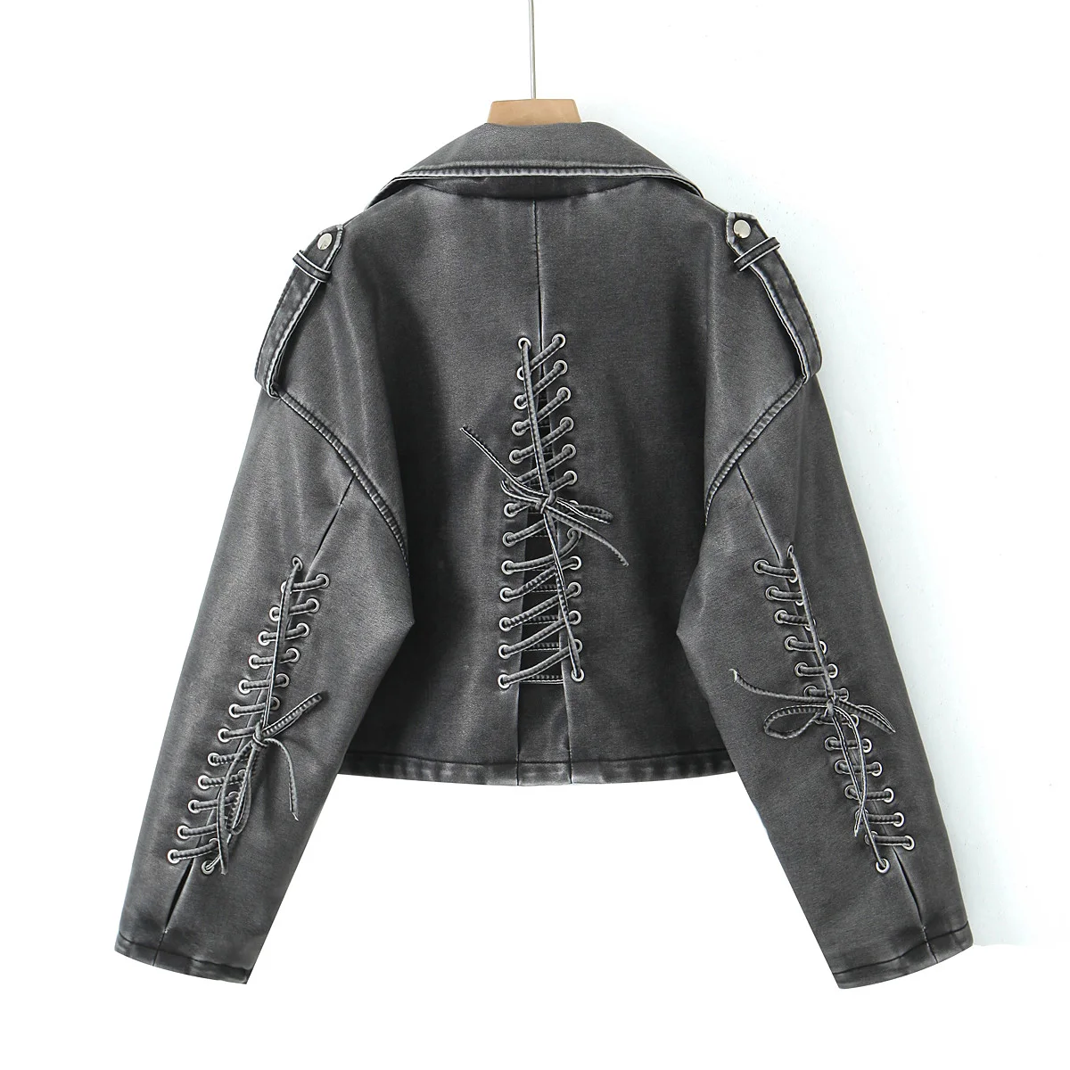 2027 New Fashion Women's Motor Biker Washed Gray Faux Leather Jackets Female Autumn Winter Retro Loose PU Zipper Streetwear Coat