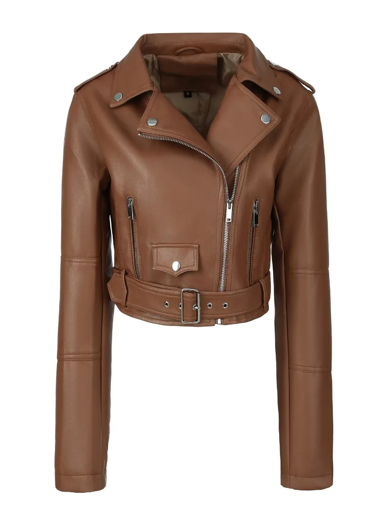 2026 Fashion Spring Autumn Women's PU Leather Jacket Moto&biker Super-short Expose-navel Coat Zip-up Lapel Top Belt Slim Jackets