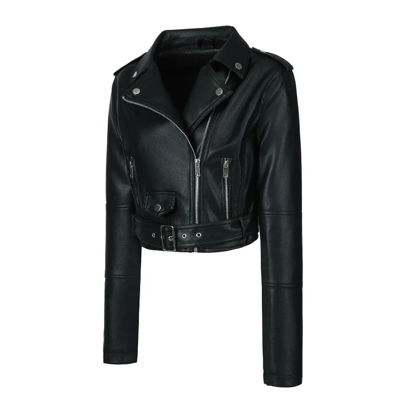 2026 Fashion Spring Autumn Women's PU Leather Jacket Moto&biker Super-short Expose-navel Coat Zip-up Lapel Top Belt Slim Jackets