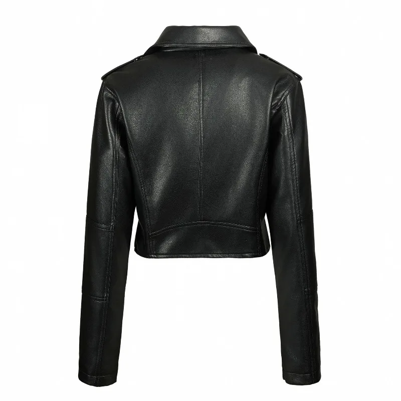 2026 Fashion Spring Autumn Women's PU Leather Jacket Moto&biker Super-short Expose-navel Coat Zip-up Lapel Top Belt Slim Jackets