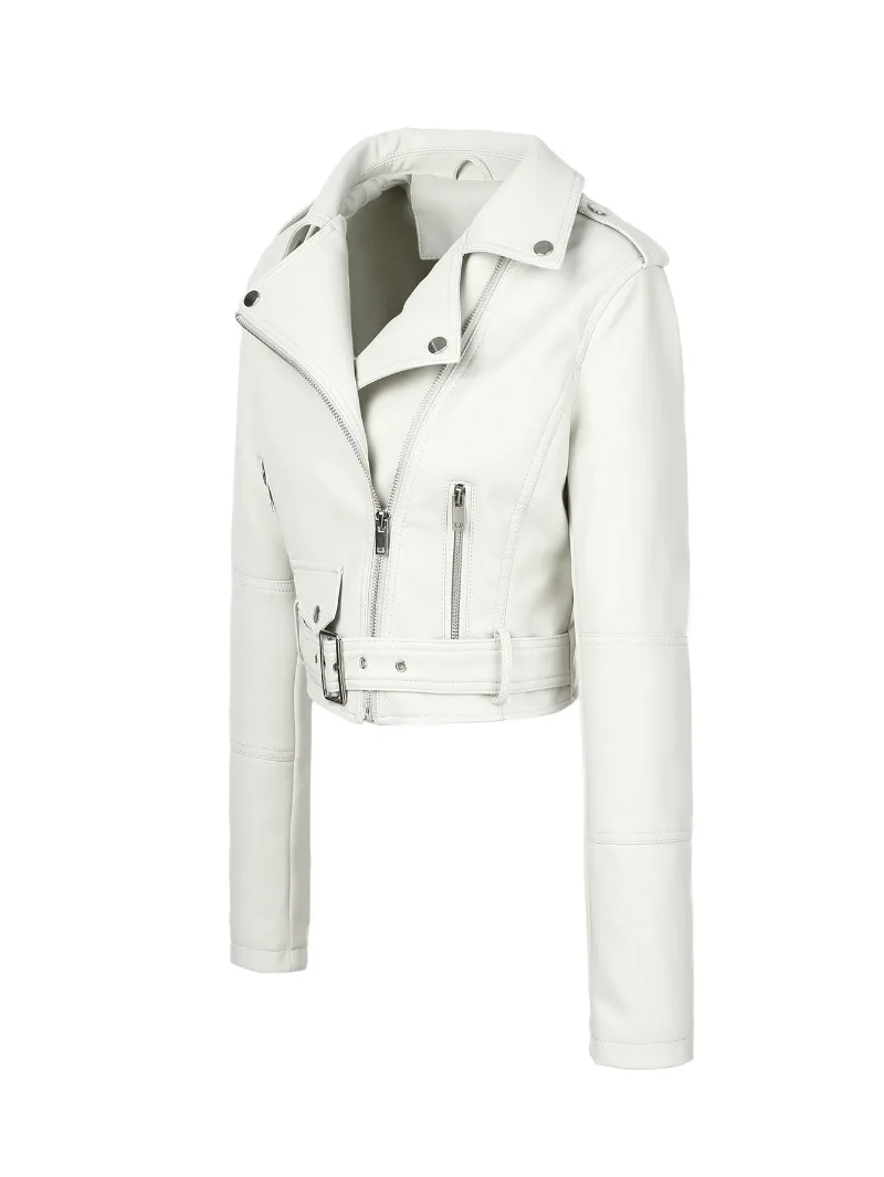 2026 Fashion Spring Autumn Women's PU Leather Jacket Moto&biker Super-short Expose-navel Coat Zip-up Lapel Top Belt Slim Jackets