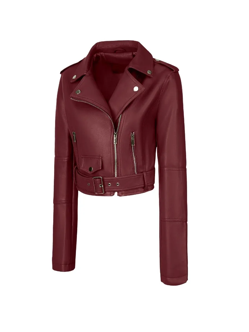 2026 Fashion Spring Autumn Women's PU Leather Jacket Moto&biker Super-short Expose-navel Coat Zip-up Lapel Top Belt Slim Jackets