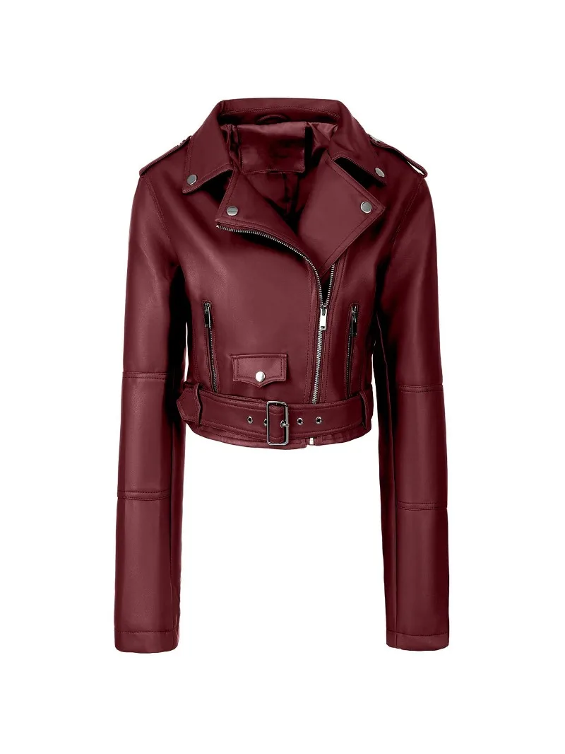 2026 Fashion Spring Autumn Women's PU Leather Jacket Moto&biker Super-short Expose-navel Coat Zip-up Lapel Top Belt Slim Jackets