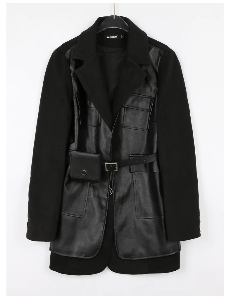 Lautaro-Black PU Leather Blazer for Women, Wool Blend Blazer, Long Sleeve Belt, Runway Designer, Luxury Fashion, Autumn