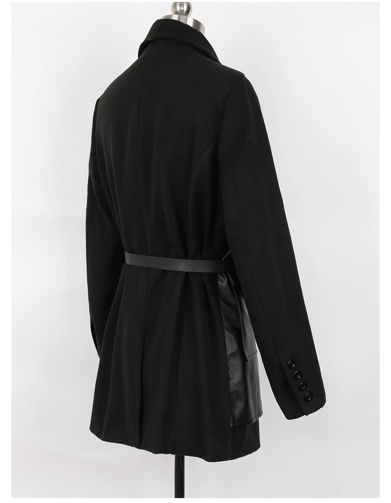 Lautaro-Black PU Leather Blazer for Women, Wool Blend Blazer, Long Sleeve Belt, Runway Designer, Luxury Fashion, Autumn