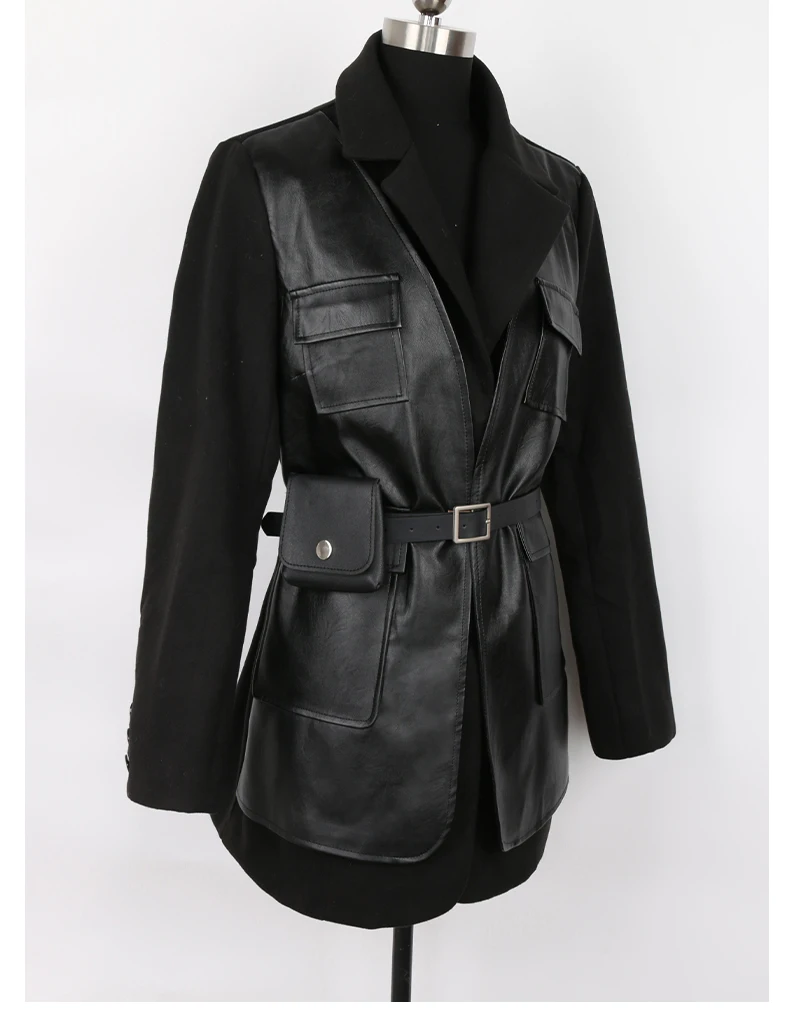 Lautaro-Black PU Leather Blazer for Women, Wool Blend Blazer, Long Sleeve Belt, Runway Designer, Luxury Fashion, Autumn