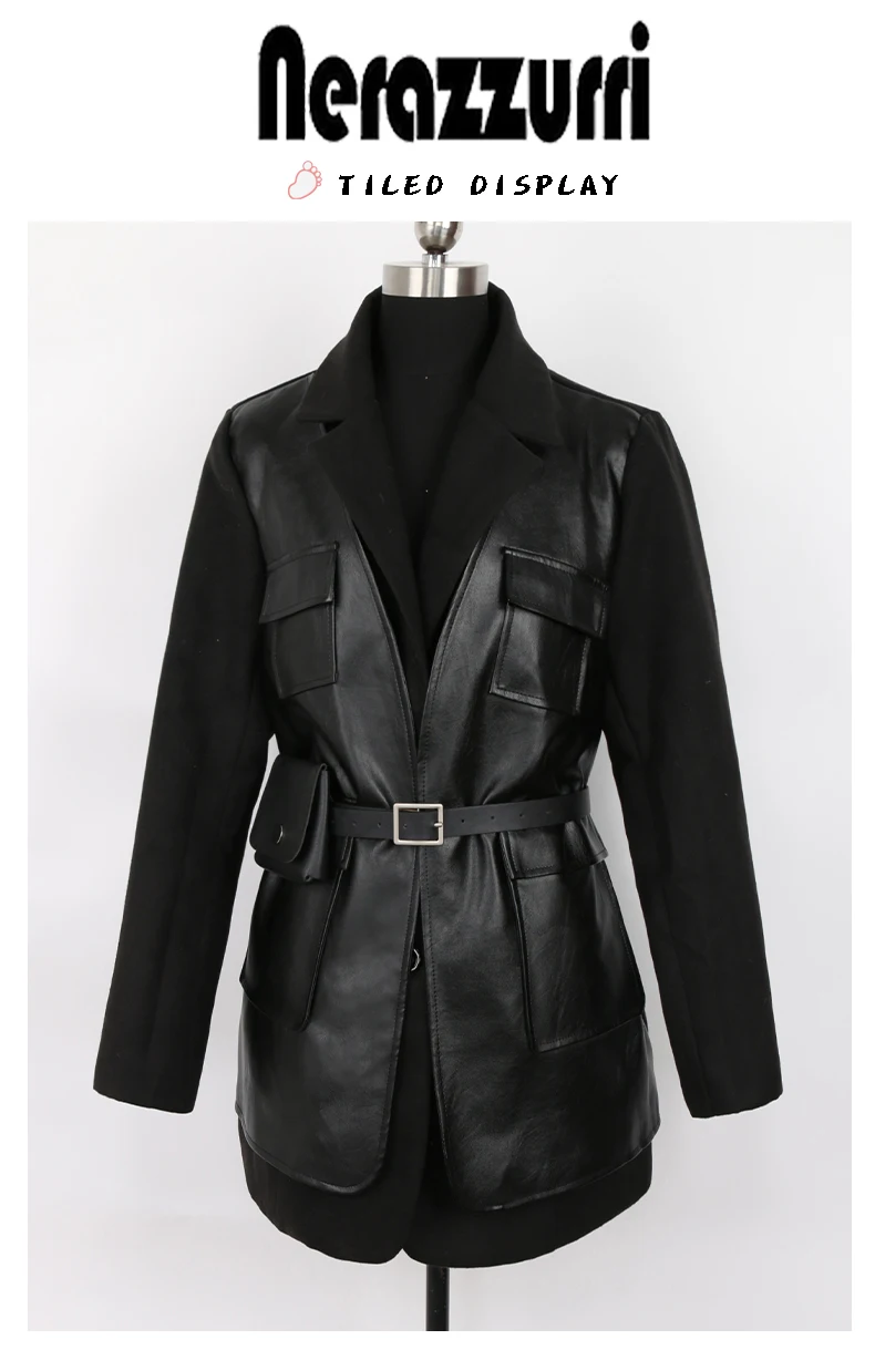 Lautaro-Black PU Leather Blazer for Women, Wool Blend Blazer, Long Sleeve Belt, Runway Designer, Luxury Fashion, Autumn
