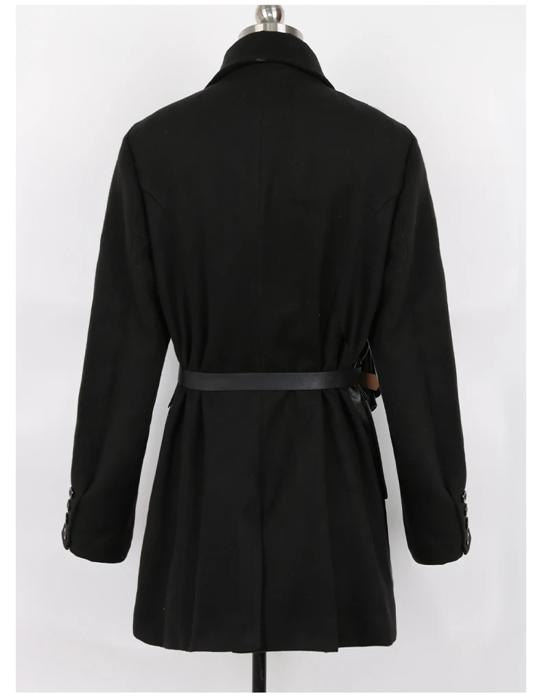 Lautaro-Black PU Leather Blazer for Women, Wool Blend Blazer, Long Sleeve Belt, Runway Designer, Luxury Fashion, Autumn