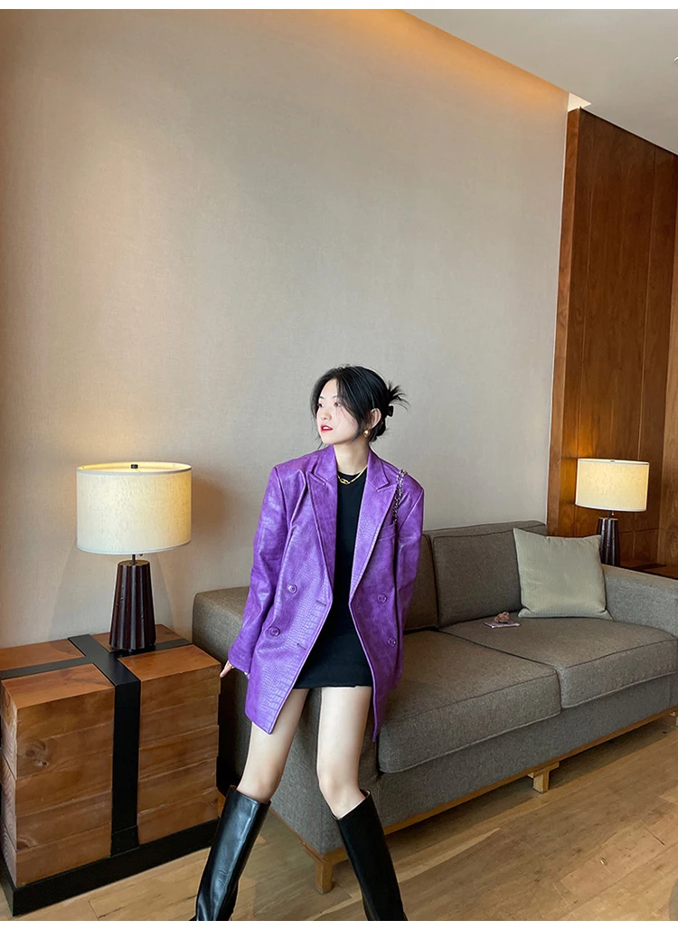 Lautaro Autumn Oversized Shiny Purple Crocodile Pattern Faux Leather Blazer Women Long Sleeve Double Breasted Y2K Jacket Fashion