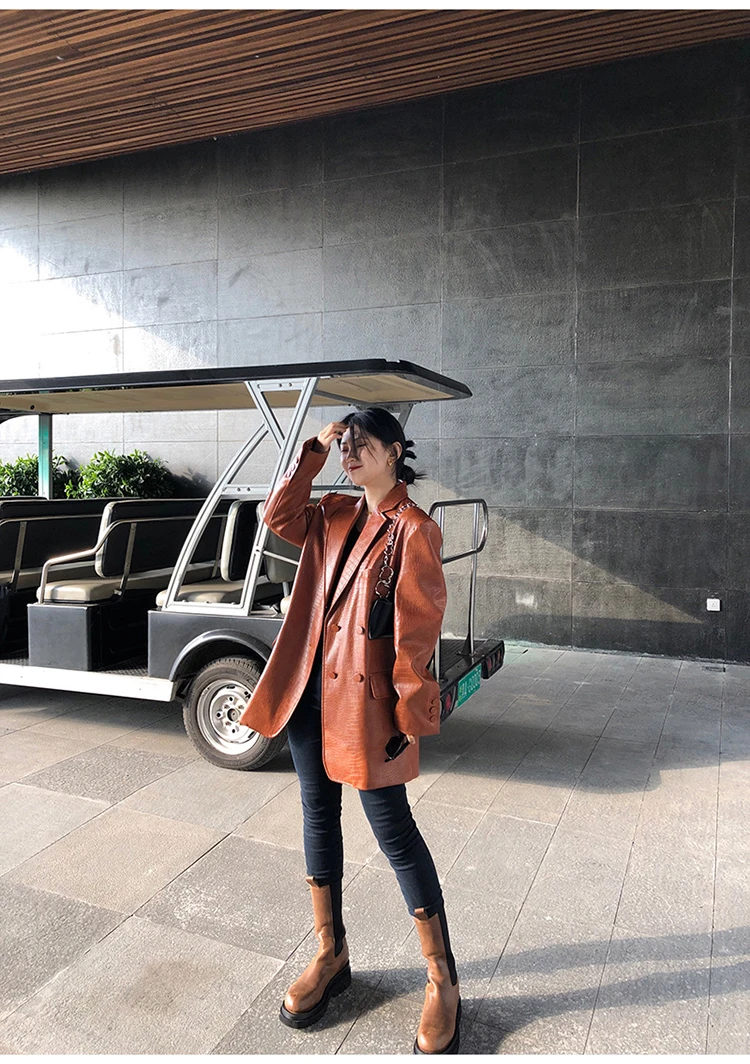 Lautaro Autumn Oversized Shiny Purple Crocodile Pattern Faux Leather Blazer Women Long Sleeve Double Breasted Y2K Jacket Fashion
