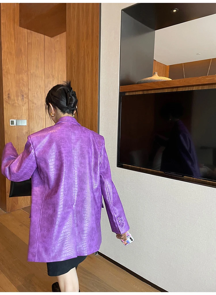 Lautaro Autumn Oversized Shiny Purple Crocodile Pattern Faux Leather Blazer Women Long Sleeve Double Breasted Y2K Jacket Fashion