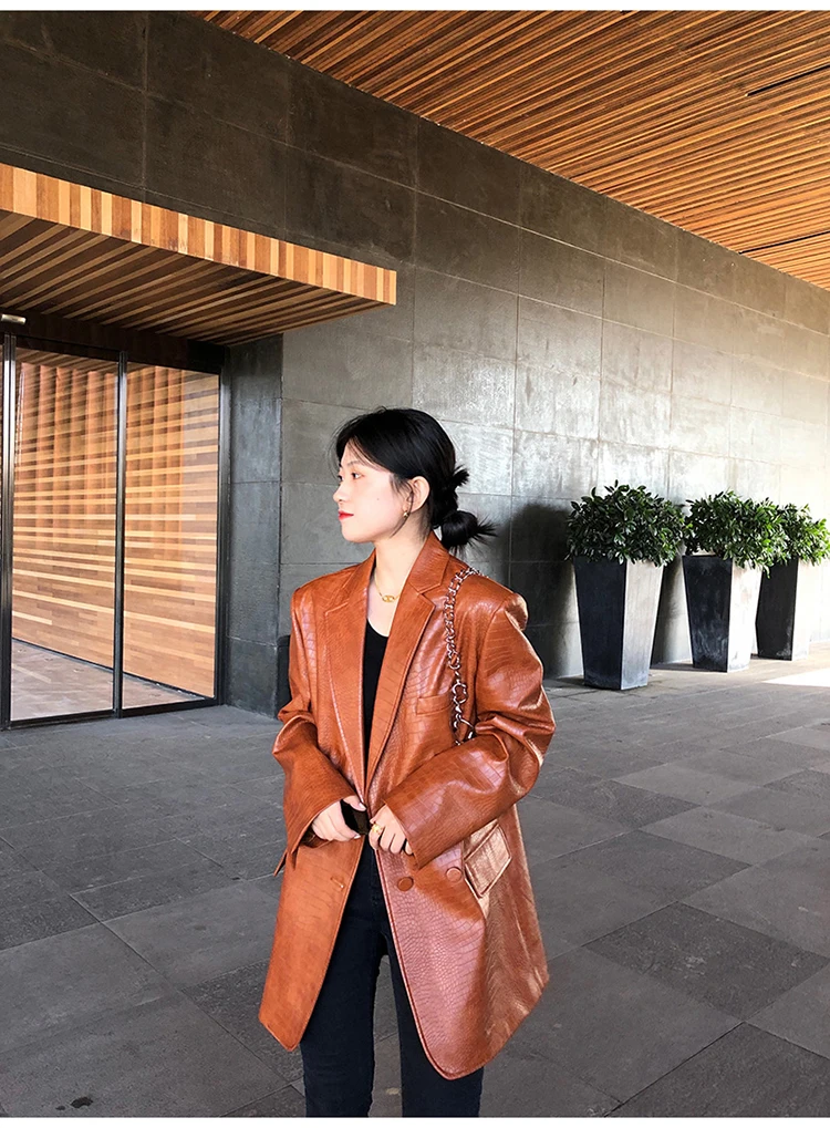 Lautaro Autumn Oversized Shiny Purple Crocodile Pattern Faux Leather Blazer Women Long Sleeve Double Breasted Y2K Jacket Fashion