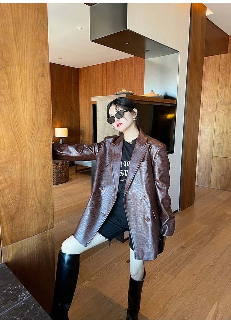 Lautaro Autumn Oversized Shiny Purple Crocodile Pattern Faux Leather Blazer Women Long Sleeve Double Breasted Y2K Jacket Fashion