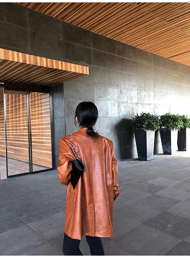 Lautaro Autumn Oversized Shiny Purple Crocodile Pattern Faux Leather Blazer Women Long Sleeve Double Breasted Y2K Jacket Fashion