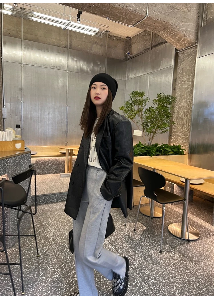 Lautaro Autumn Oversized Shiny Purple Crocodile Pattern Faux Leather Blazer Women Long Sleeve Double Breasted Y2K Jacket Fashion