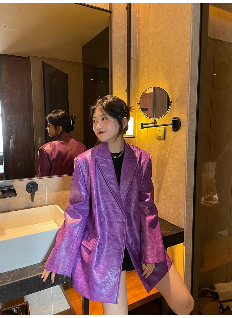 Lautaro Autumn Oversized Shiny Purple Crocodile Pattern Faux Leather Blazer Women Long Sleeve Double Breasted Y2K Jacket Fashion