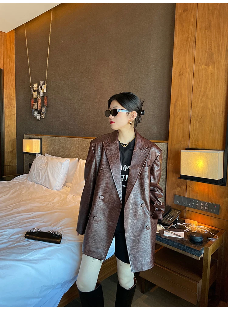 Lautaro Autumn Oversized Shiny Purple Crocodile Pattern Faux Leather Blazer Women Long Sleeve Double Breasted Y2K Jacket Fashion
