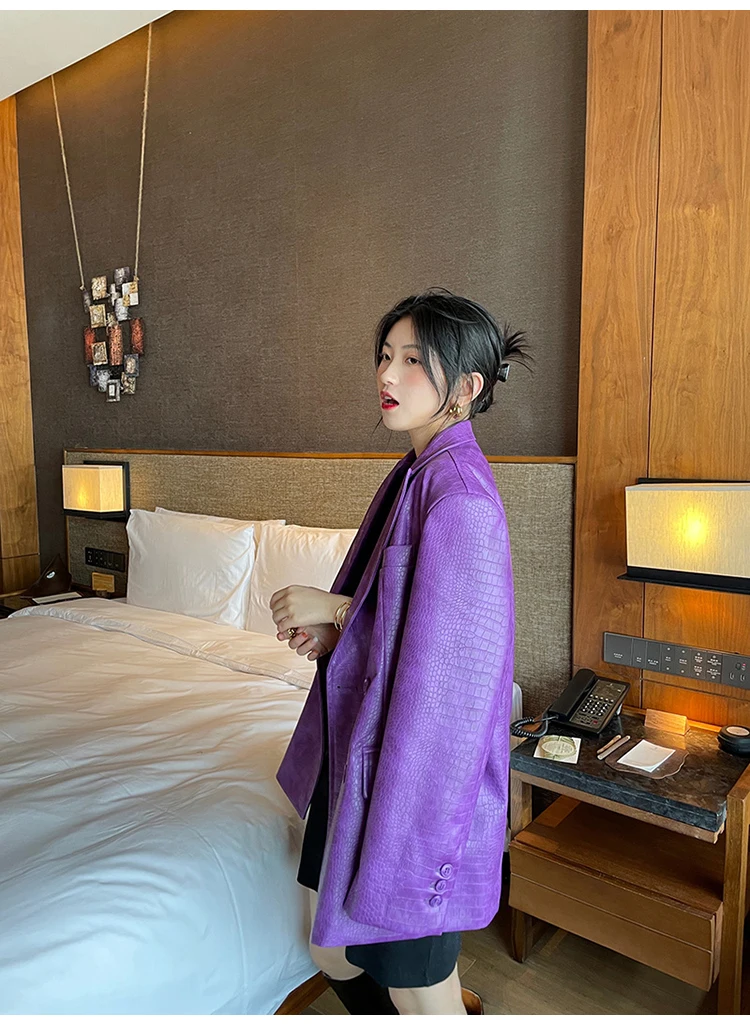 Lautaro Autumn Oversized Shiny Purple Crocodile Pattern Faux Leather Blazer Women Long Sleeve Double Breasted Y2K Jacket Fashion