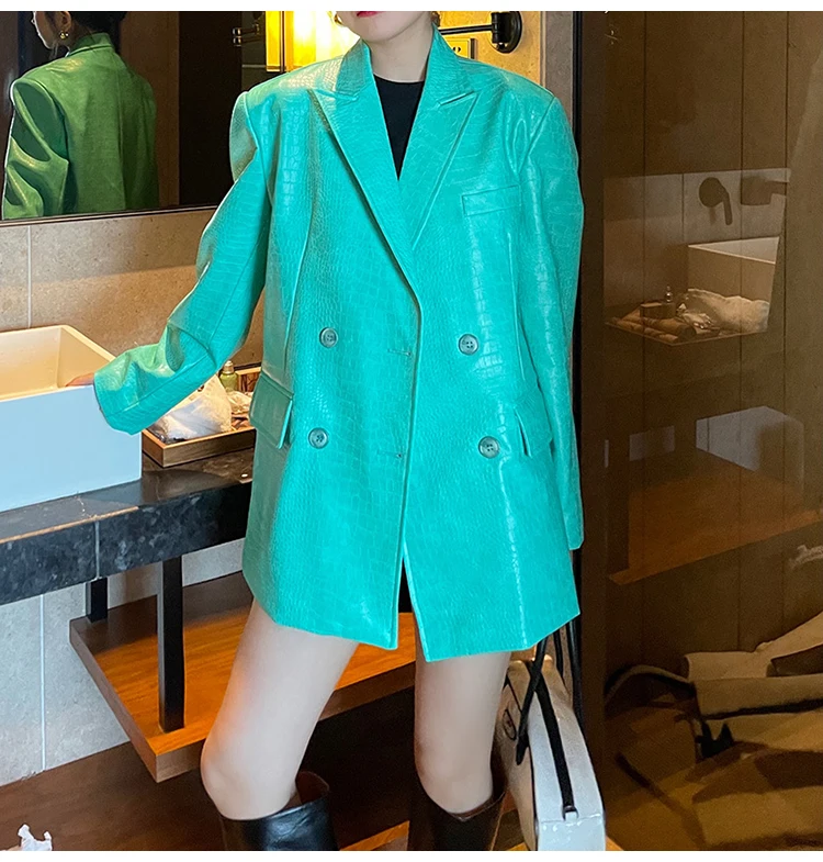 Lautaro Autumn Oversized Shiny Purple Crocodile Pattern Faux Leather Blazer Women Long Sleeve Double Breasted Y2K Jacket Fashion