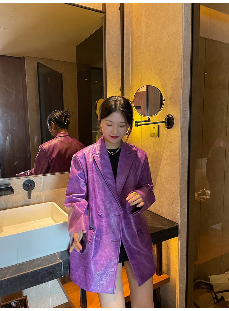 Lautaro Autumn Oversized Shiny Purple Crocodile Pattern Faux Leather Blazer Women Long Sleeve Double Breasted Y2K Jacket Fashion