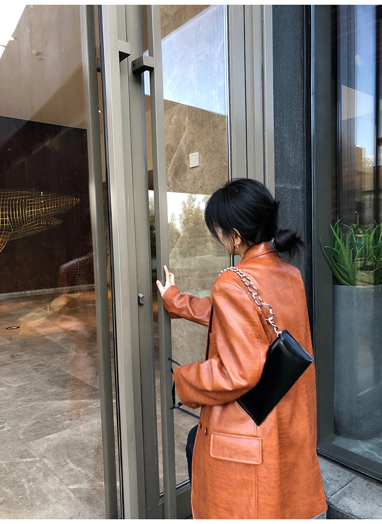 Lautaro Autumn Oversized Shiny Purple Crocodile Pattern Faux Leather Blazer Women Long Sleeve Double Breasted Y2K Jacket Fashion