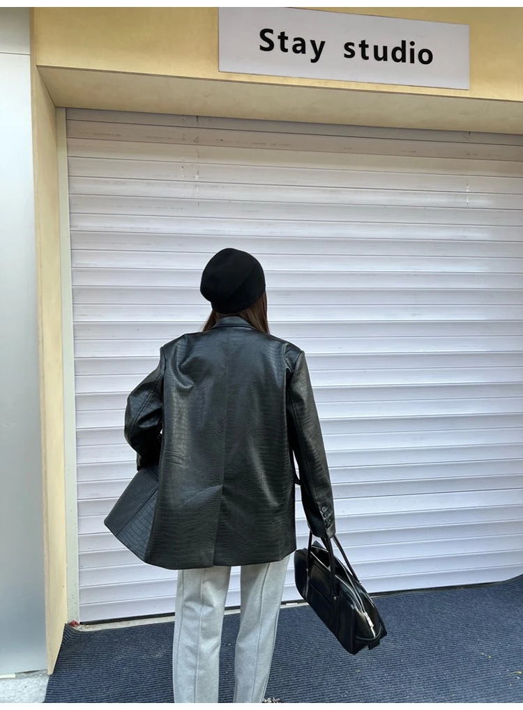 Lautaro Autumn Oversized Shiny Purple Crocodile Pattern Faux Leather Blazer Women Long Sleeve Double Breasted Y2K Jacket Fashion